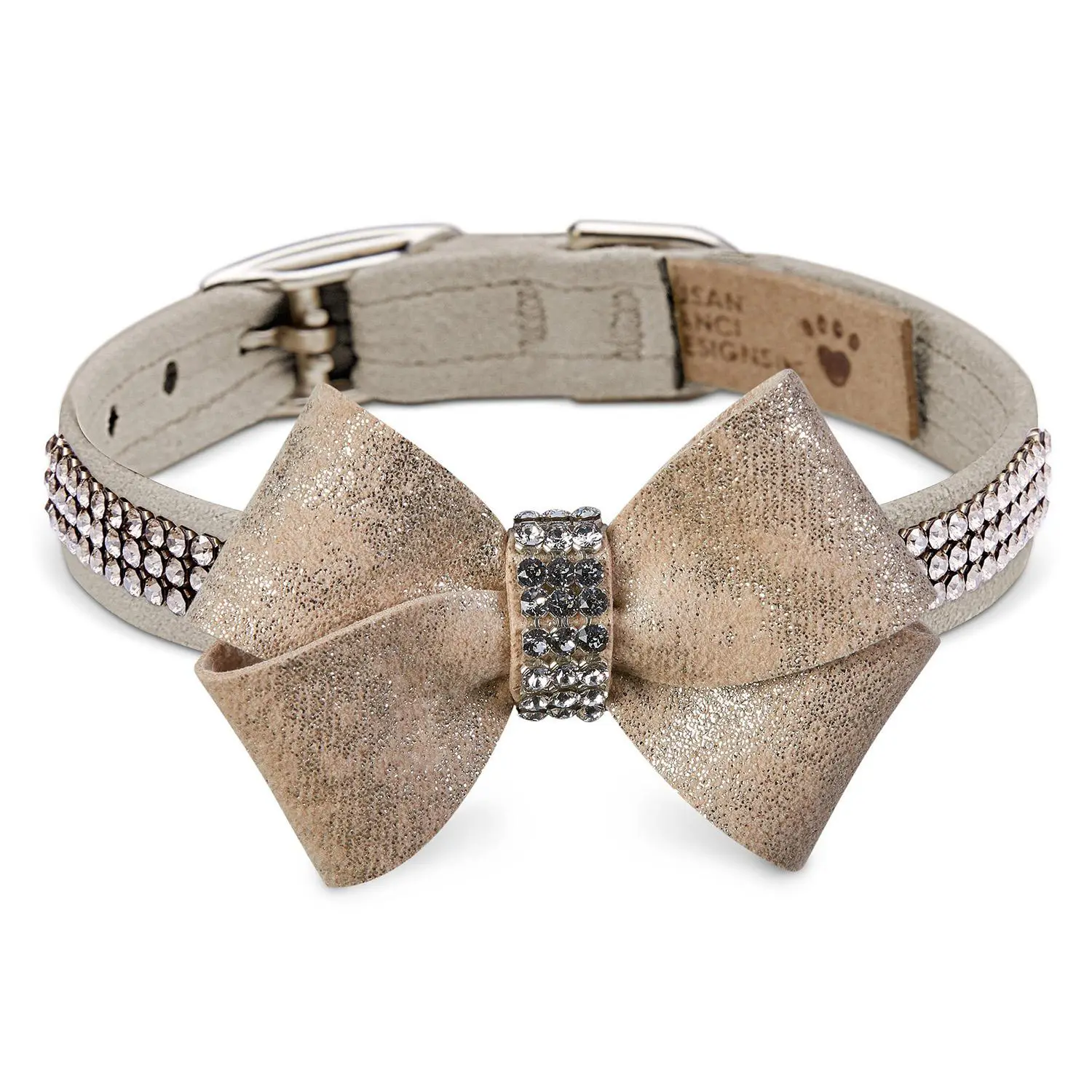 Champagne Glizerati Nouveau Bow 3 Row Giltmore Dog Collar by Susan Lanci - Doe