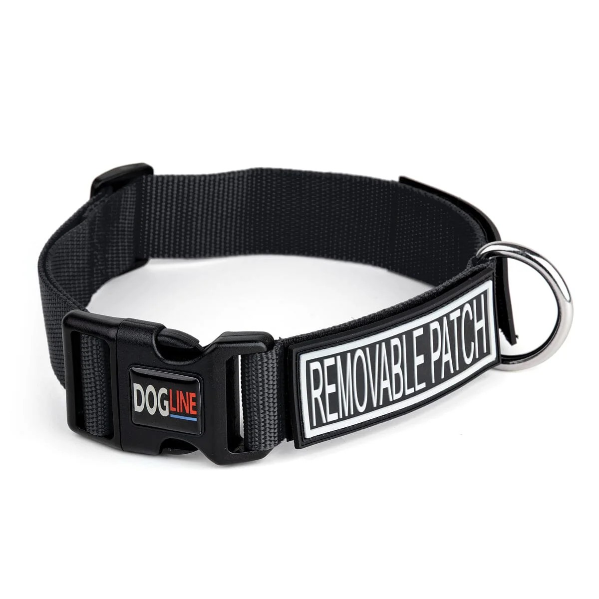 Dogline Omega Nylon Flat Dog Collar with Hook for Patches - Black