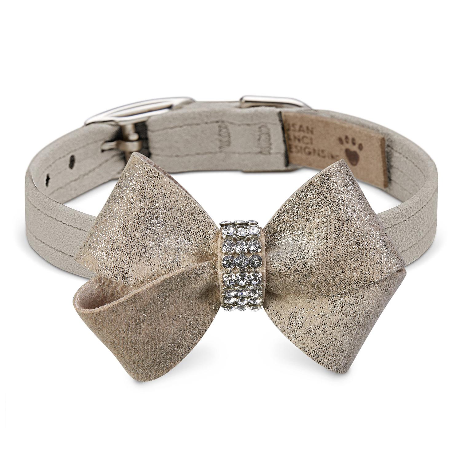 Susan Lanci Champagne Glizerati Nouveau Bow Luxury Dog Collar - Doe