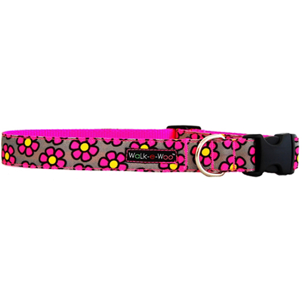 WaLk-e-Woo Pink Daisies on Gray Dog Collar