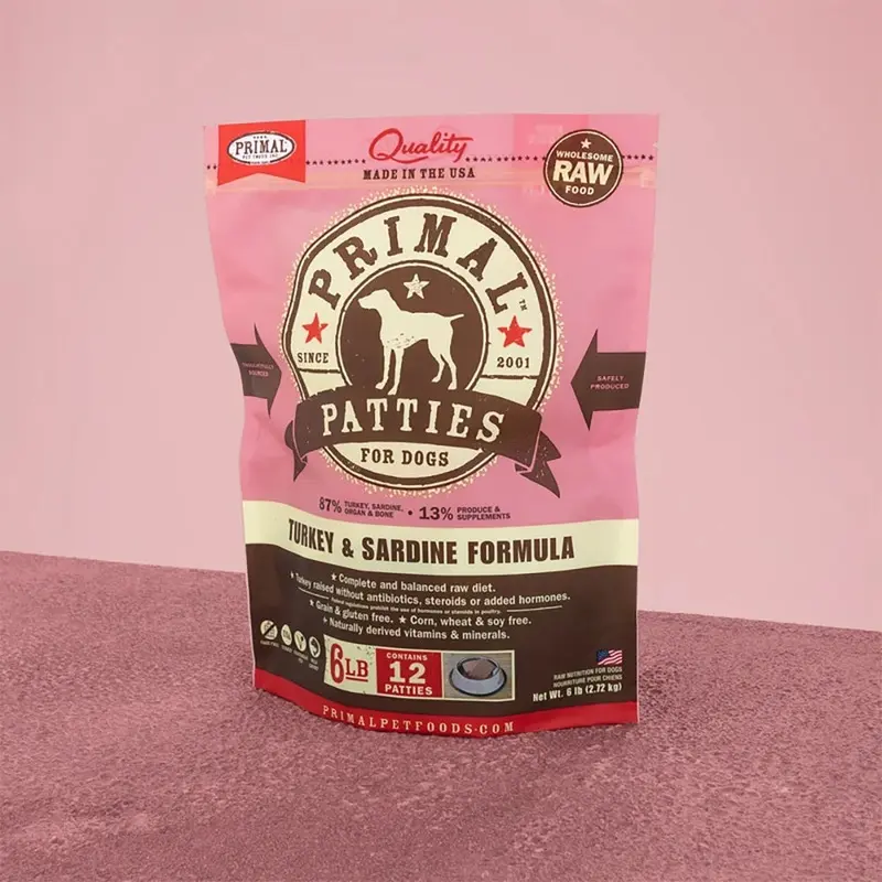 Primal Raw Frozen Patties Turkey & Sardine Formula Dog Food 6lb