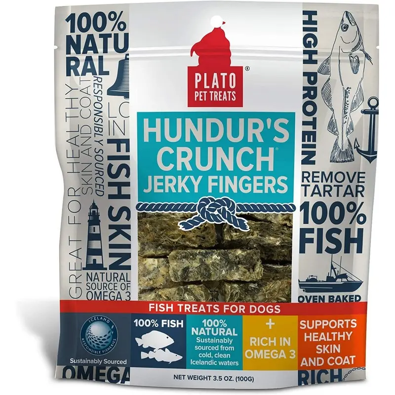 Plato Hundur's Crunch Single Ingredient Cod Skin Dog Treats Fingers, Natural 3,5oz