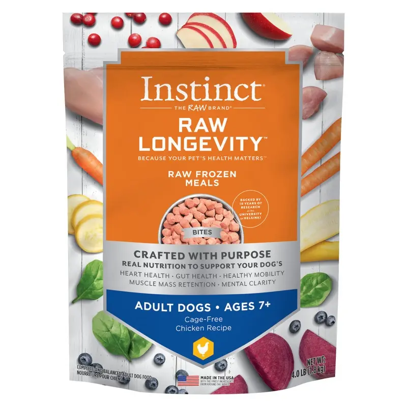 Instinct Raw Longevity Frozen Bites Cage-Free Chicken Adults 7+ Dog Food 4lb