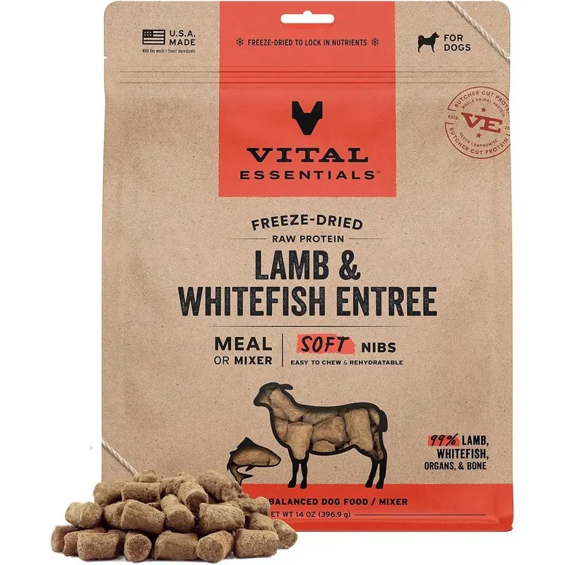 Vital Essentials Freeze Dried Soft Nibs Lamb Whitefish Raw Dog Food 14oz