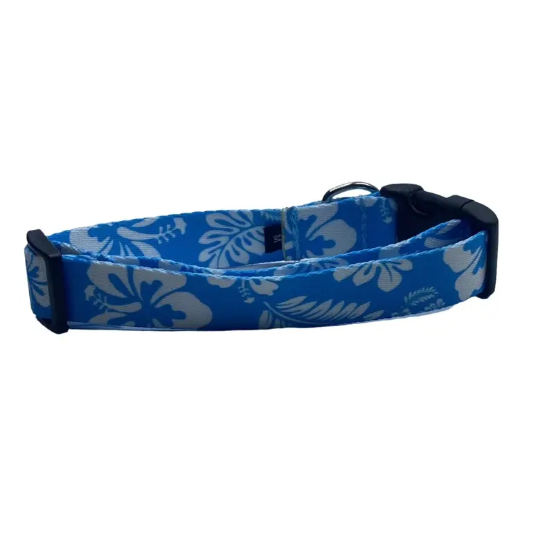 Blue Hawaiian Print Nylon Dog Collar (1.5" Wide)