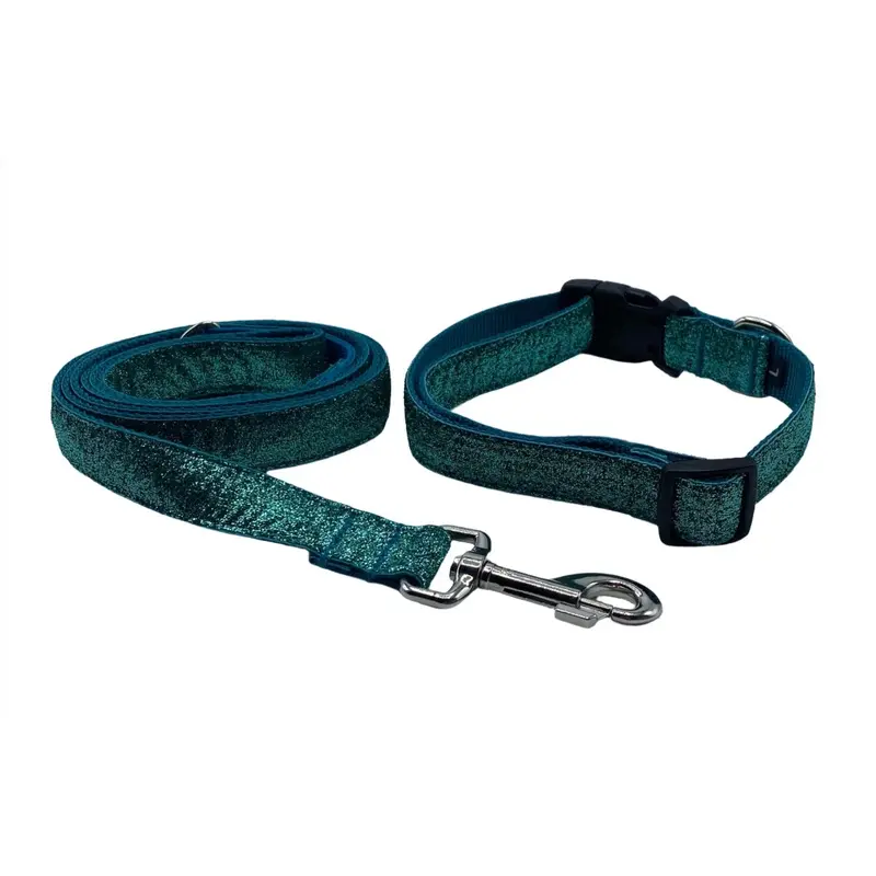 Teal Glitter Ribbon Nylon Collars & Leads (1" Wide)