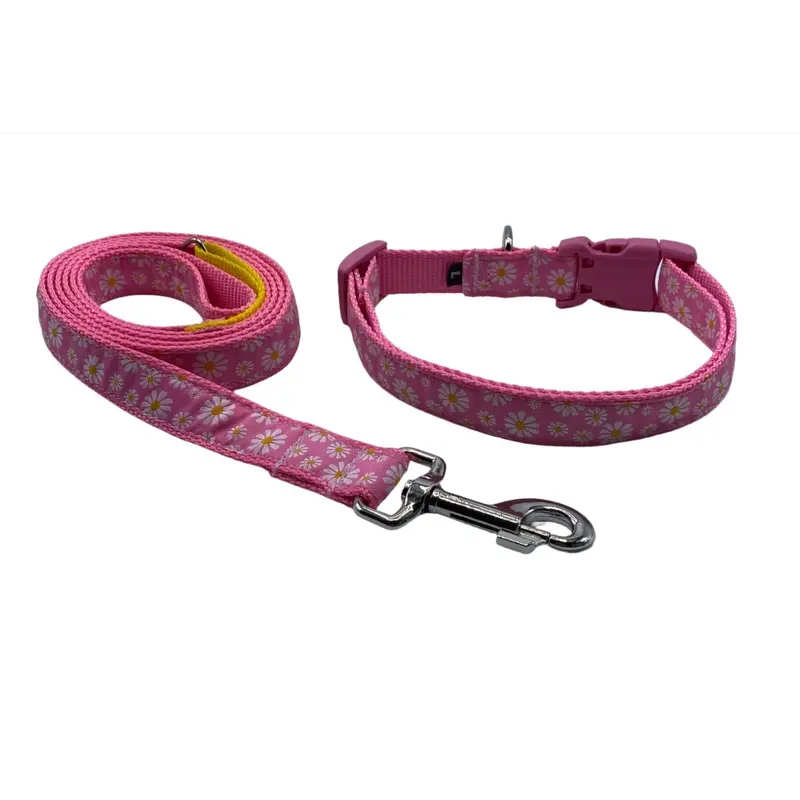 Pink Daisies Ribbon Collars or Leads (5/8" Wide)