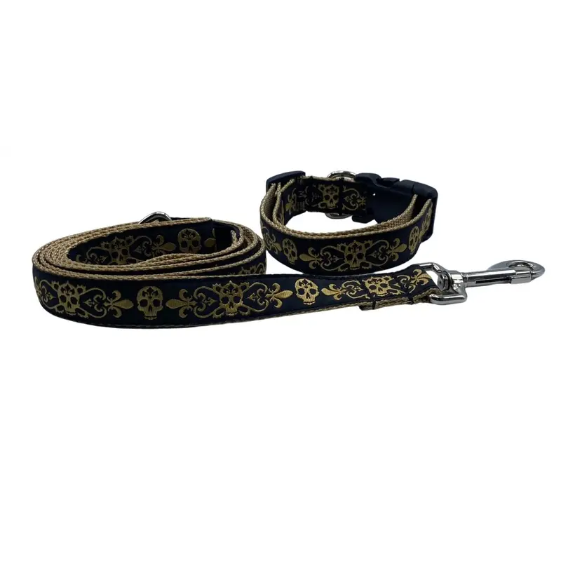 Gold Spooky Skulls Dog Collars or Leads (1" Wide)