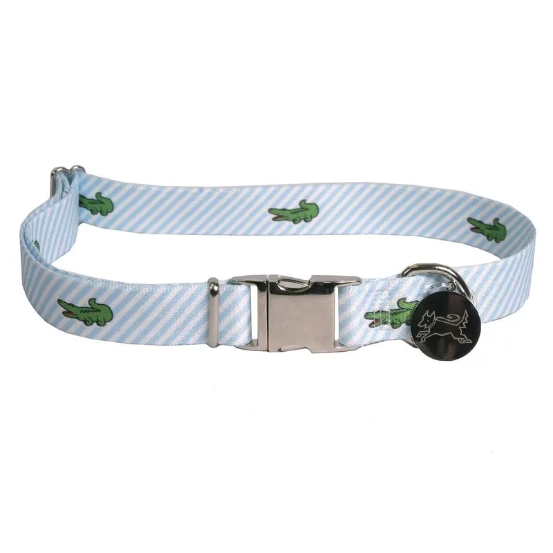 Southern Dawg Seersucker Blue with Alligators Premium Dog Collar