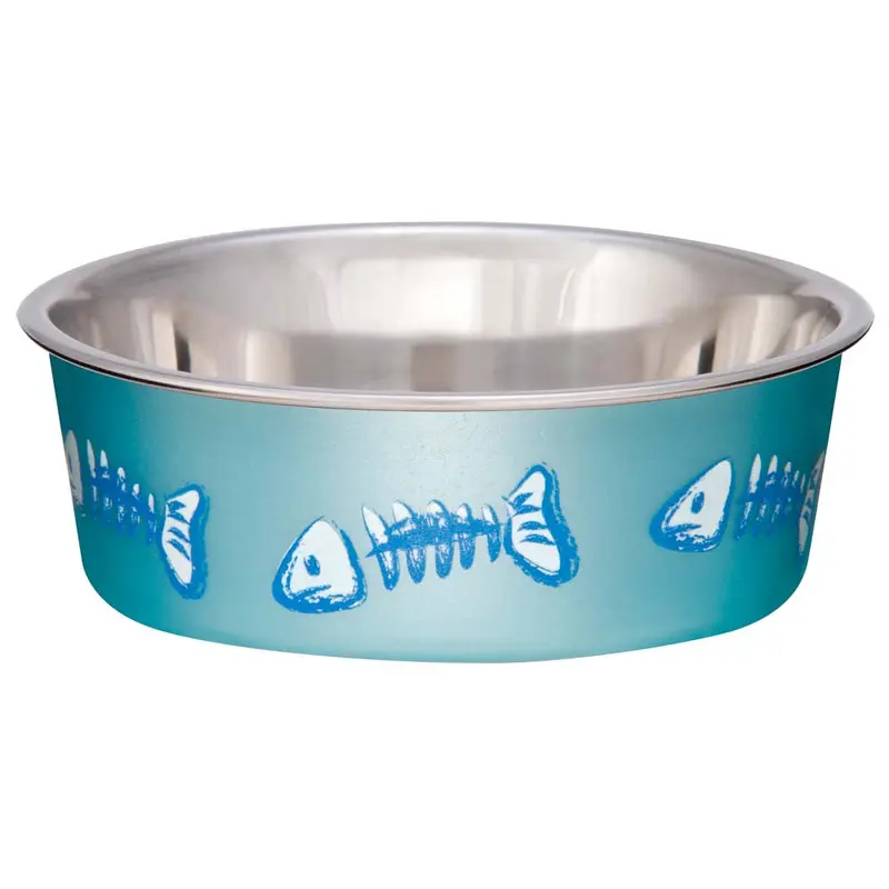 Loving Pets Bella Designer Fish Skeleton Cat Dish Metallic Ocean Blue XXS