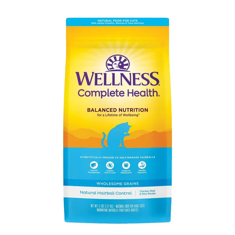 Wellness Complete Health Hairball Control Chicken & Rice Dry Cat Food, 5 Pound