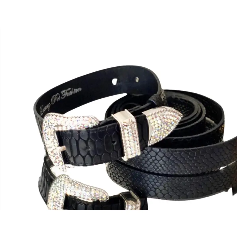 Luxury Pet Fashion Embossed Black Python Italian Leather Collar & Leash Set