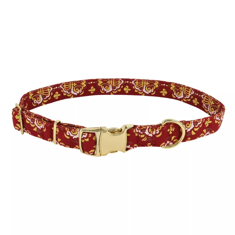 Coastal Accent Metallic 5/8in Wide 8-12in Adjustable Dog Collar Burgandy Crowns
