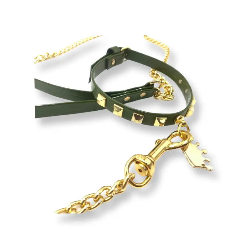 Fashion Collar and Chain Leash Set - Olive Green with Gold Studs