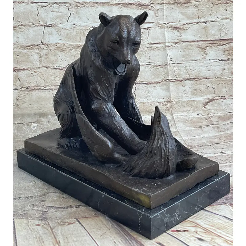 Signed Barye Bear Attacking Eagle Bronze Sculpture Marble Base Figurine Statue