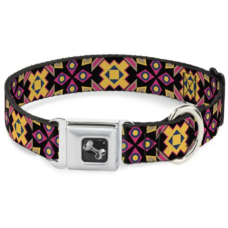 Dog Bone Seatbelt Buckle Collar - Geometric Sunburst Black/Pink/Yellow/Blue