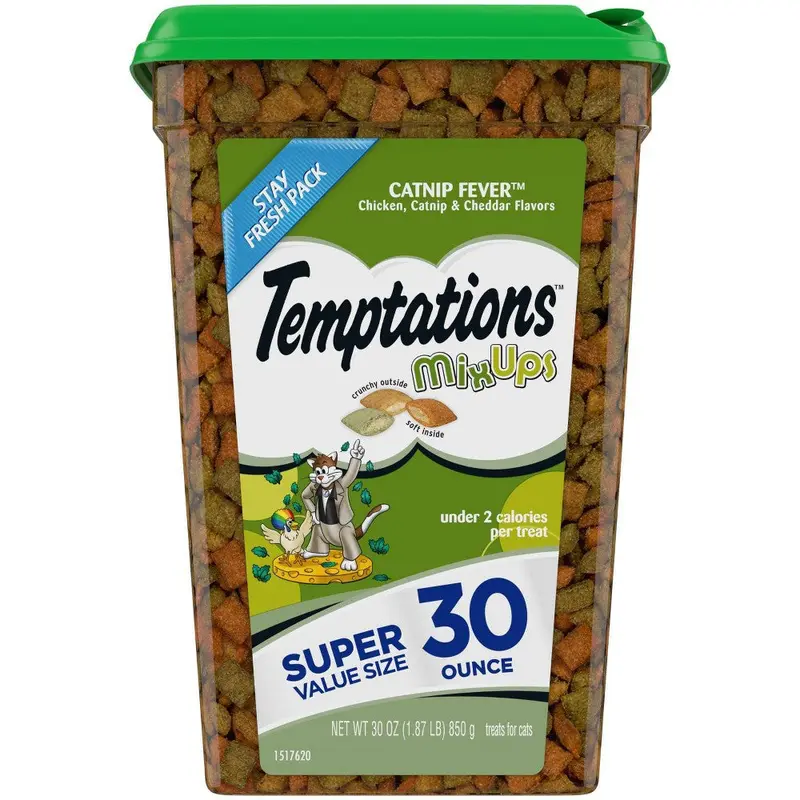 TEMPTATIONS MIXUPS Crunchy and Soft Cat Treats Catnip Fever Flavor  30 oz. Tub