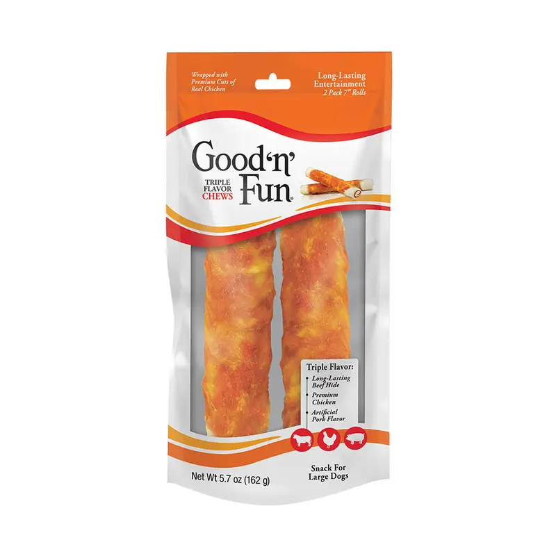 Good n Fun Triple Flavor 7 Inch Rolls, Rawhide Chews for Dogs 2pk
