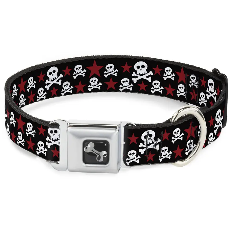 Dog Bone Seatbelt Buckle Collar - Skulls & Stars Black/White/Red