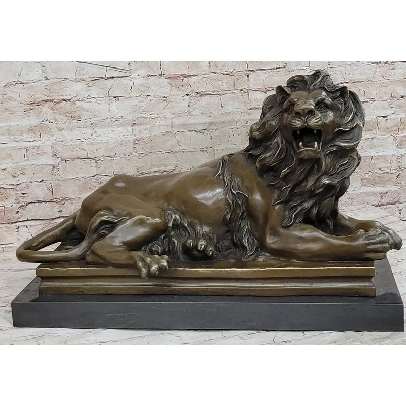Roaring Guardian Lion Laying Down Bronze Statue Sculpture on Marble Base after Antoine Barye