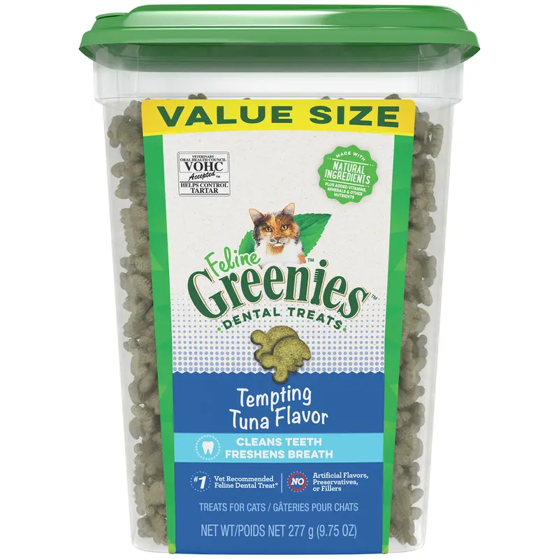 FELINE GREENIES Adult Natural Dental Cat Treats  Tempting Tuna Flavor  9.75 oz. Tub