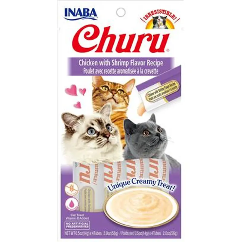 Inaba Churu Grain-Free Cat Treat, Chicken with Shrimp Puree, 4 Tubes
