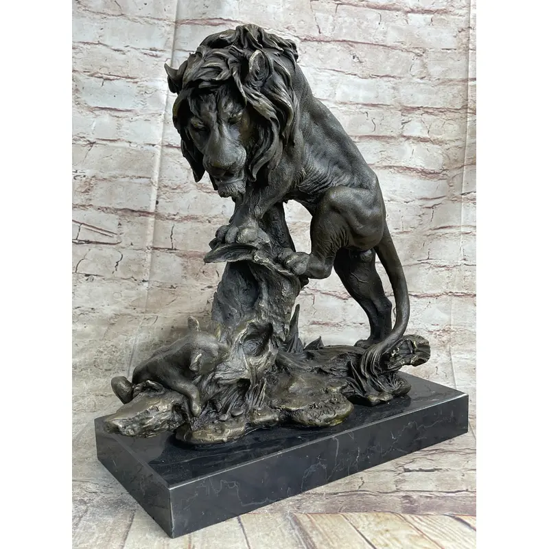 Male Lion w/ Cub Bronze Statue Sculpture Figure Barye Decor 14" x 12"