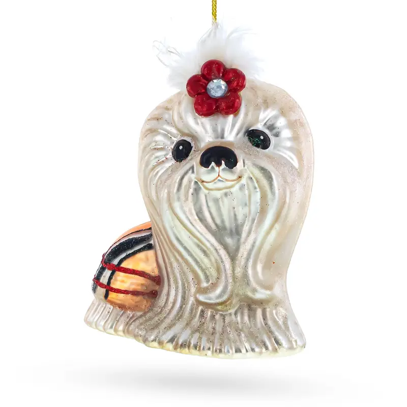Charming Shih Tzu Chrysanthemum Dog Glass Christmas Ornament