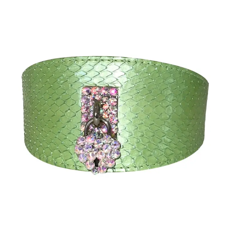 Love Collection. Sea Anemone Pearl Green Snake Wide Style Collar With Our Custom Swarovski Crystal Heart Locket.