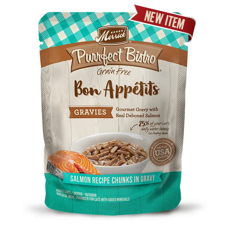 Merrick Purrfect Bistro Bon Apptits Salmon Recipe Chunks in Gravy Cat Food