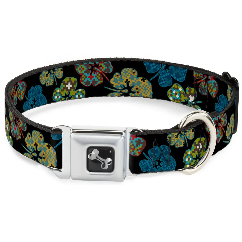Dog Bone Seatbelt Buckle Collar - Pixilated Hibiscus Flowers Black/Multi Color