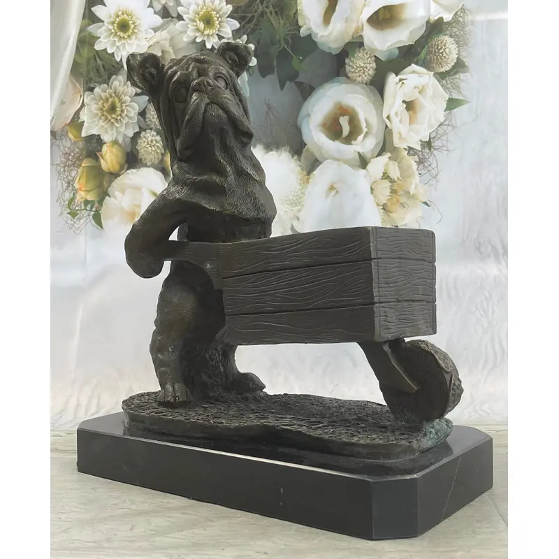 English Bulldog Pushing Wheelbarrow Bronze Planter Dish Sculpture Figure 12" x 12"