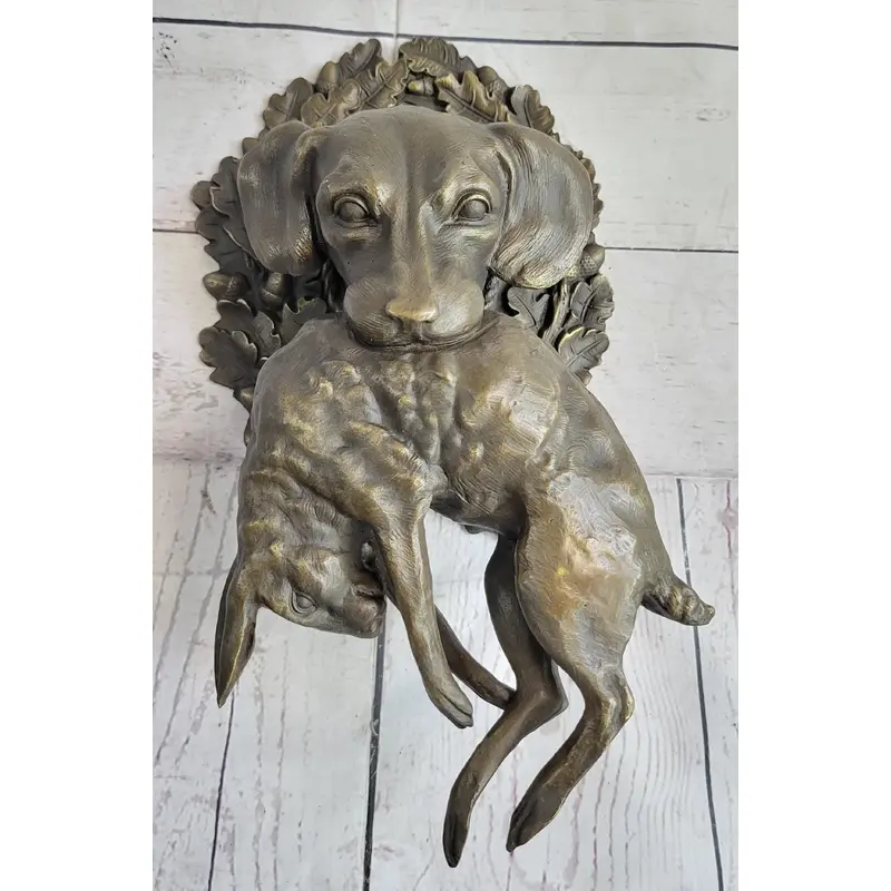 Hanging Wall Mounted Bronze Sculpture of Retriever Dog with Rabbit in Mouth 12" x 17"