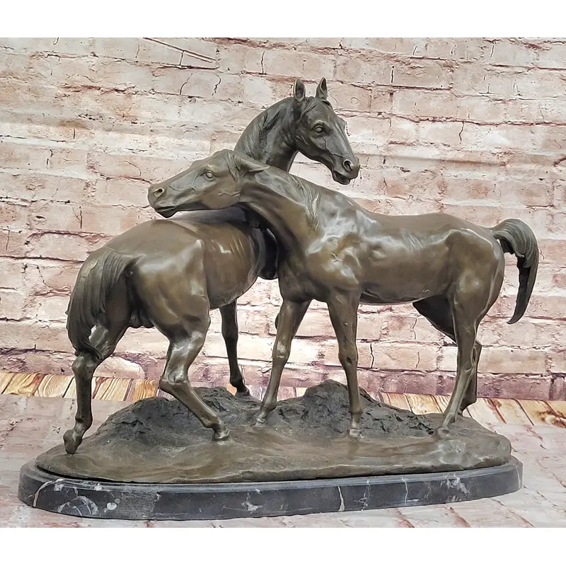 Pair of Horses Bronze Sculpture   Elegant Equestrian Artwork on Marble Base by PJ Mene
