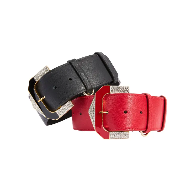Black Italian Leather & Red Italian Leather Collar Set With Custom Glamorous Italian Hardware