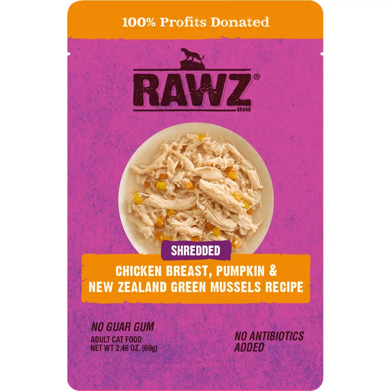 Raws Wet Cat Food 2.4oz Pouch Shreds Chicken Pumpkin and Mussels