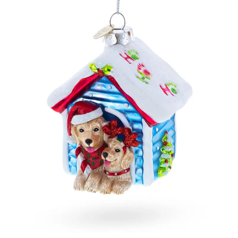 Christmas Dogs in Doghouse Blown Glass Christmas Ornament