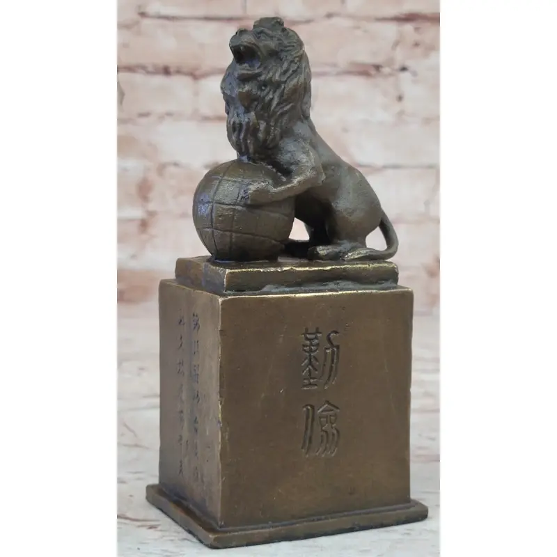 Regius Palace Chinese Guardian Lion & Earth Globe Bronze Statue Sculpture Decor