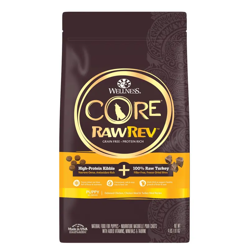 Wellness CORE RawRev Grain Free Natural Dry Puppy Food, Puppy Deboned Chicken & Turkey with Freeze Dried Turkey Recipe , 4lb