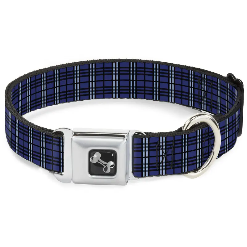 Dog Bone Seatbelt Buckle Collar - Plaid Navy
