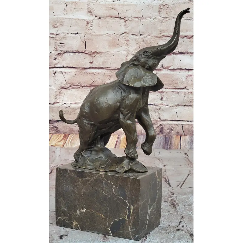 Elephant Standing on Hind Legs Bronze Figure Statue Sculpture Signed Art on Marble Base
