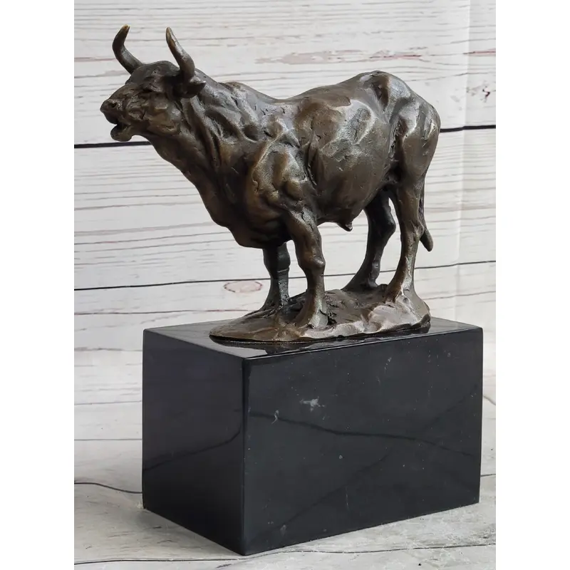 Hot Cast Bronze Metal Bull Cattle Cow Sculpture Statue Figure on Marble Base