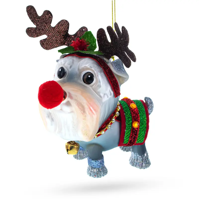 Schnauzer wearing Reindeer Costume Glass Christmas Ornament